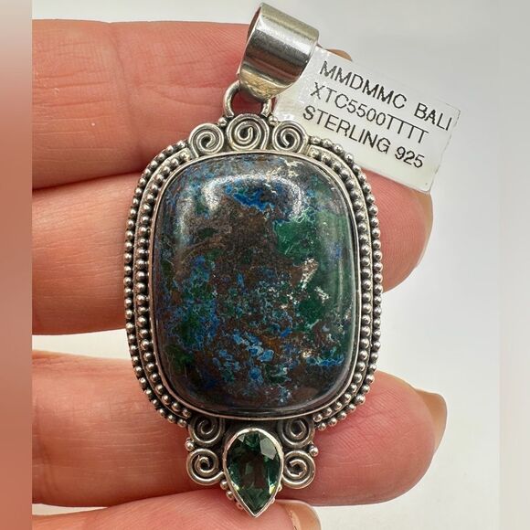 NWT Azurite and Green Quartz in Bali Sterling Silver Pendant! - Picture 6 of 12
